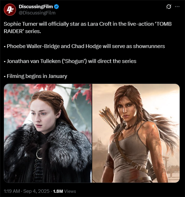 亚马逊真人剧集《古墓丽影》宣布2026年1月开拍：劳拉饰演者确认