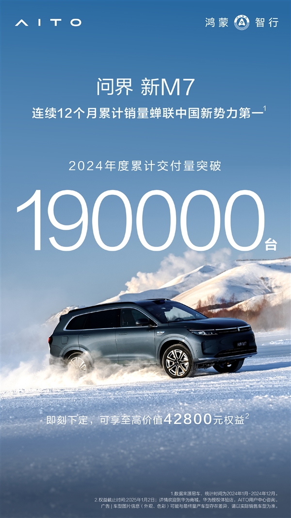 2024中国新势力第一 问界M7年交付超19万辆：正式冲击20万