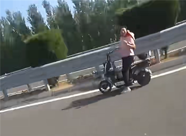 脊背发凉：女子骑电动自行车上高速 在最左侧车道逆行