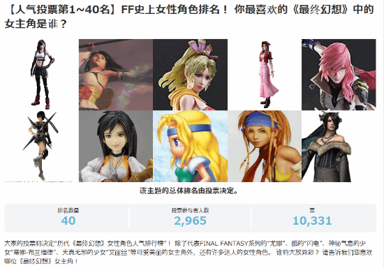 日本网站公布《最终幻想》最受欢迎角色排名:蒂法第一